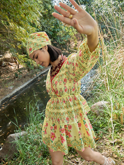 Yellow Floral Wrap Neck Short Dress