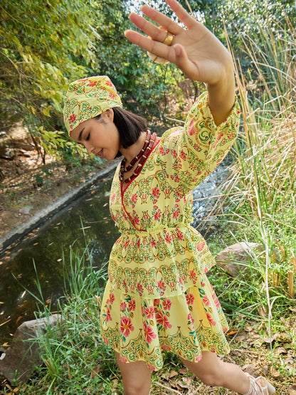 Yellow Floral Wrap Neck Short Dress