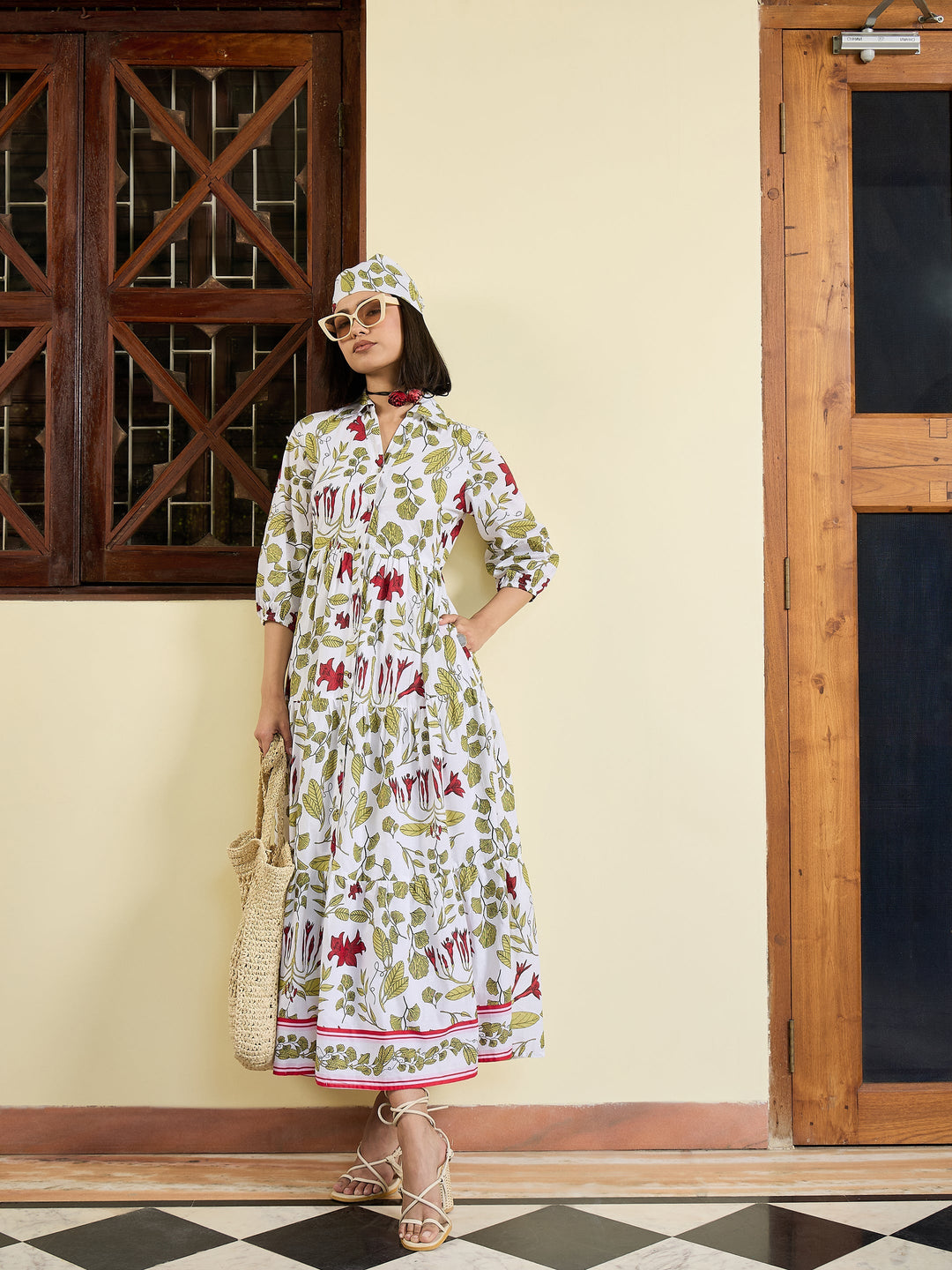 Women White Floral Front Button Tired Maxi Dress