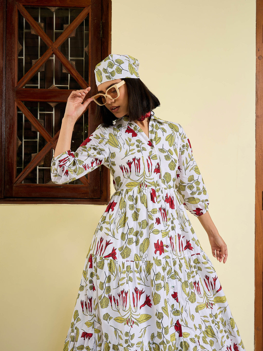 Women White Floral Front Button Tired Maxi Dress
