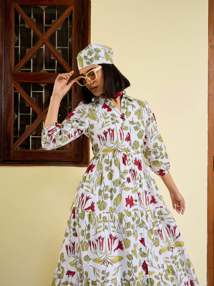 Women White Floral Front Button Tired Maxi Dress