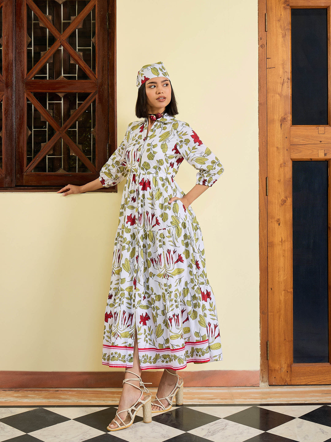 Women White Floral Front Button Tired Maxi Dress