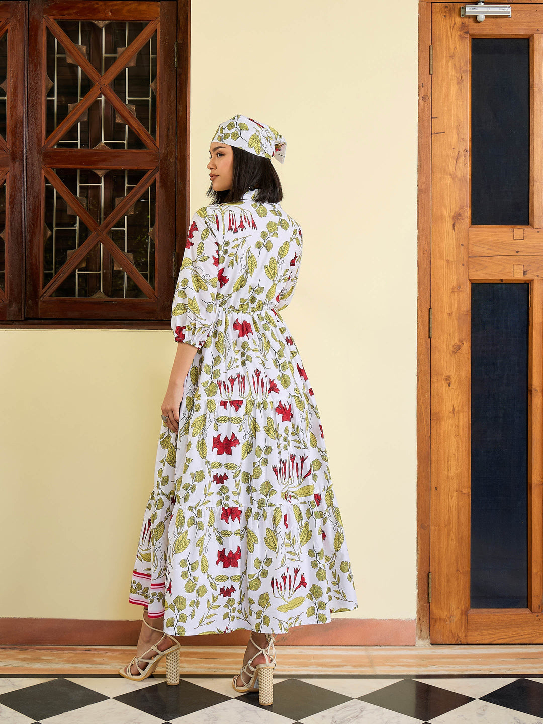 Women White Floral Front Button Tired Maxi Dress