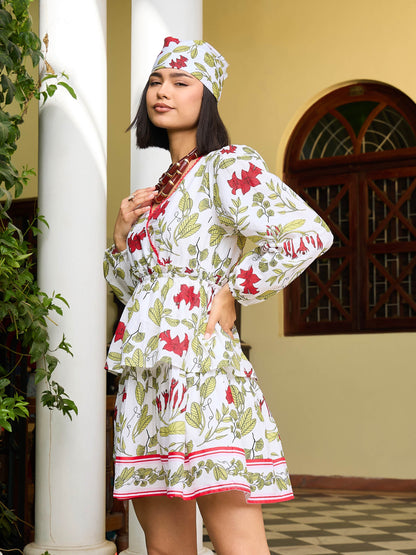 White Floral Wrap Neck Short Dress