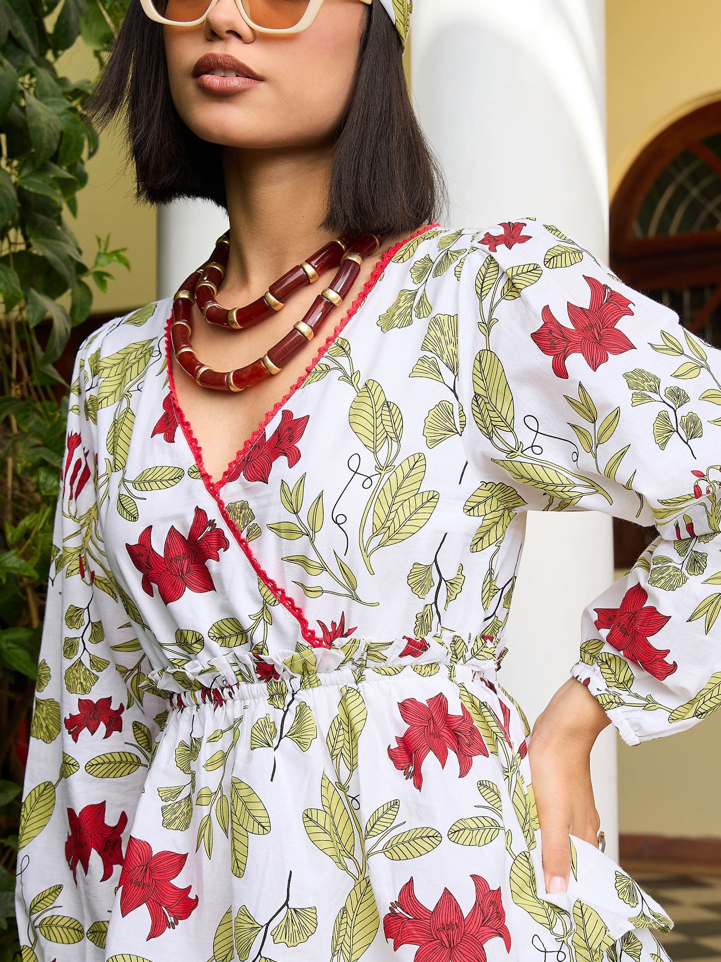 White Floral Wrap Neck Short Dress