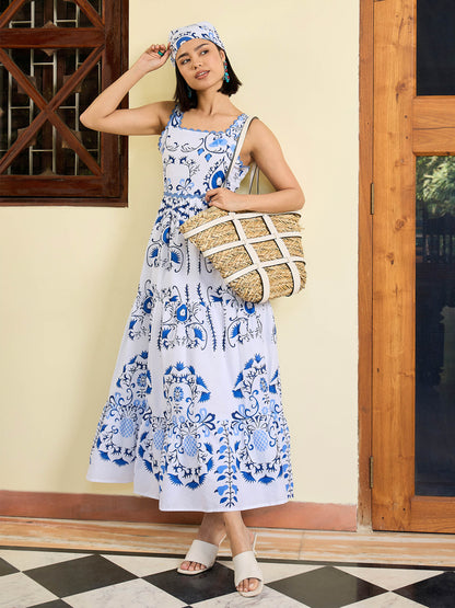 Women White & Blue Floral Strappy Tired Maxi Dress