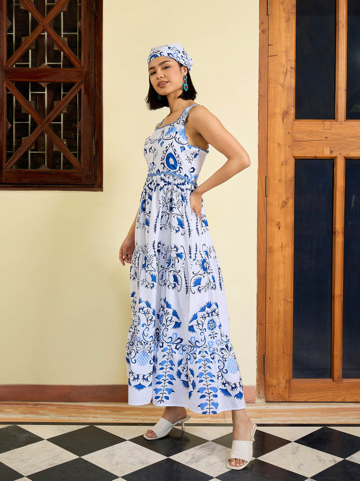 Women White &amp; Blue Floral Strappy Tired Maxi Dress