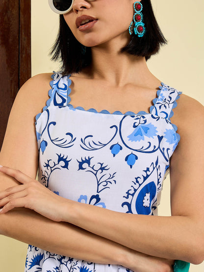 Women White & Blue Floral Strappy Tired Maxi Dress