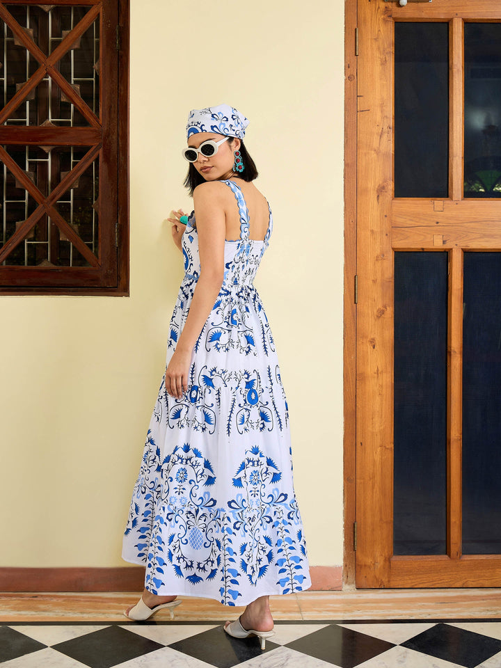 Women White &amp; Blue Floral Strappy Tired Maxi Dress