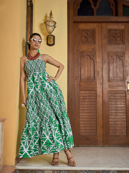 Green & White Smocked Strappy Maxi Dress