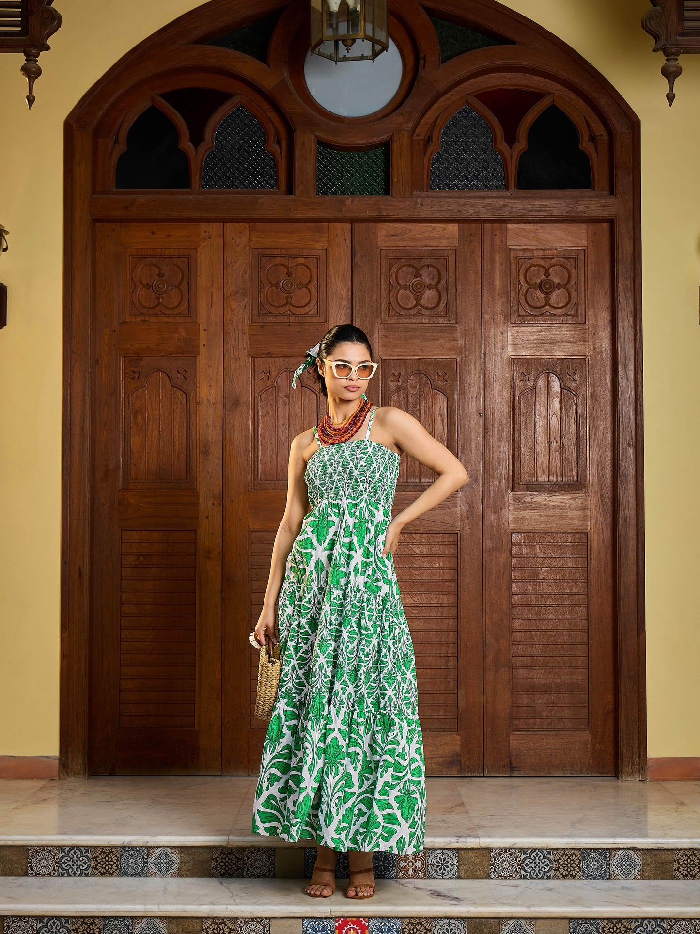 Green & White Smocked Strappy Maxi Dress
