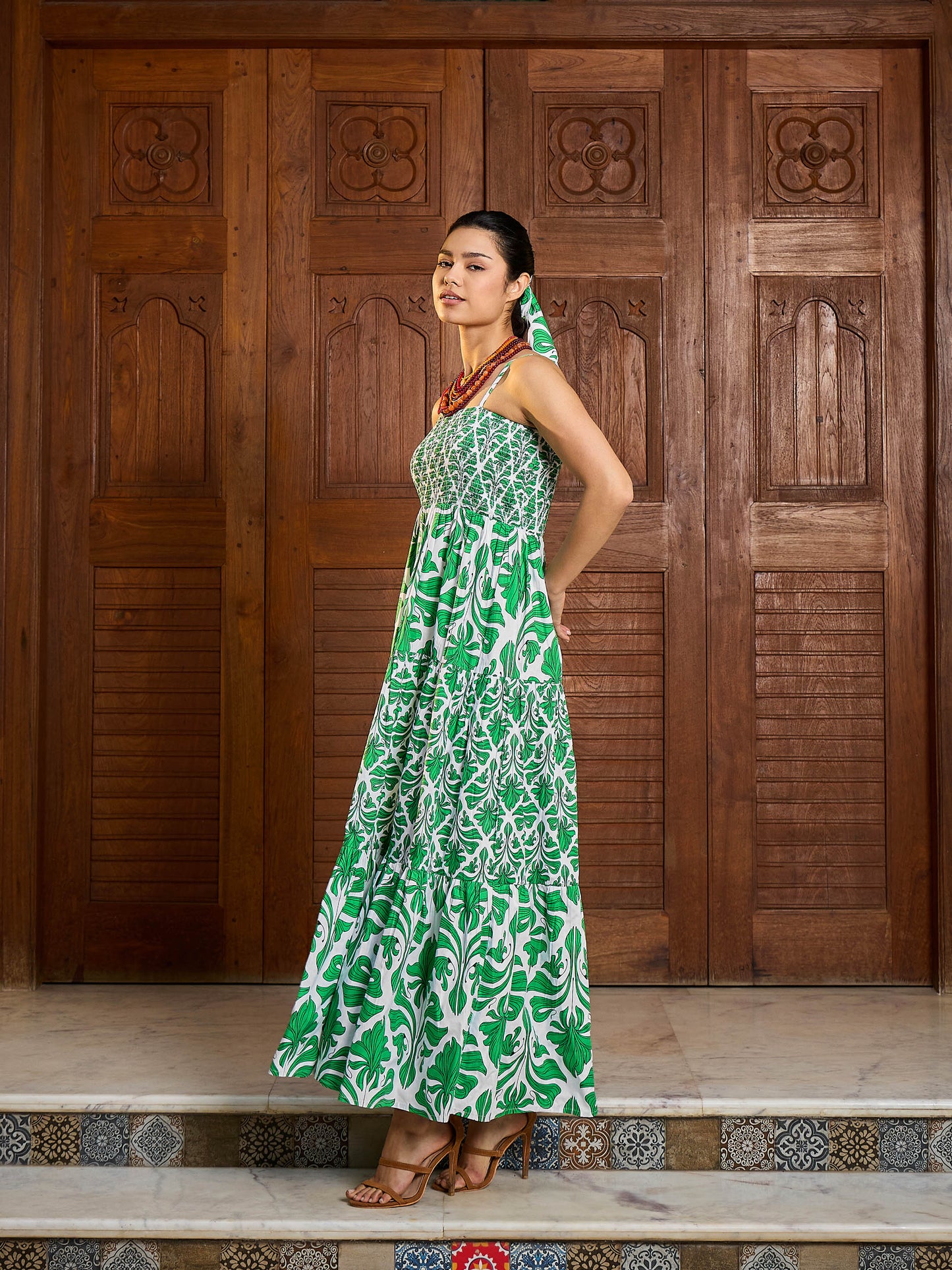 Green & White Smocked Strappy Maxi Dress
