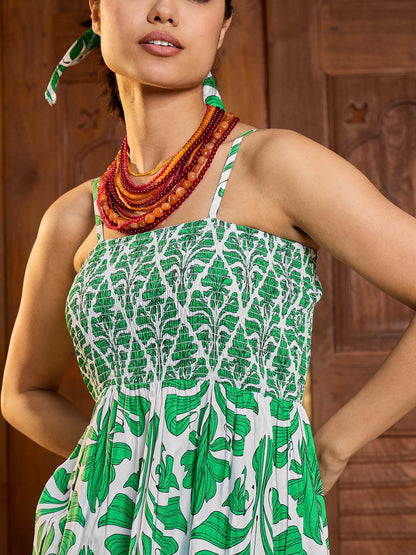 Green & White Smocked Strappy Maxi Dress
