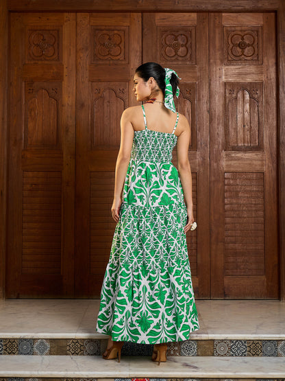 Green & White Smocked Strappy Maxi Dress