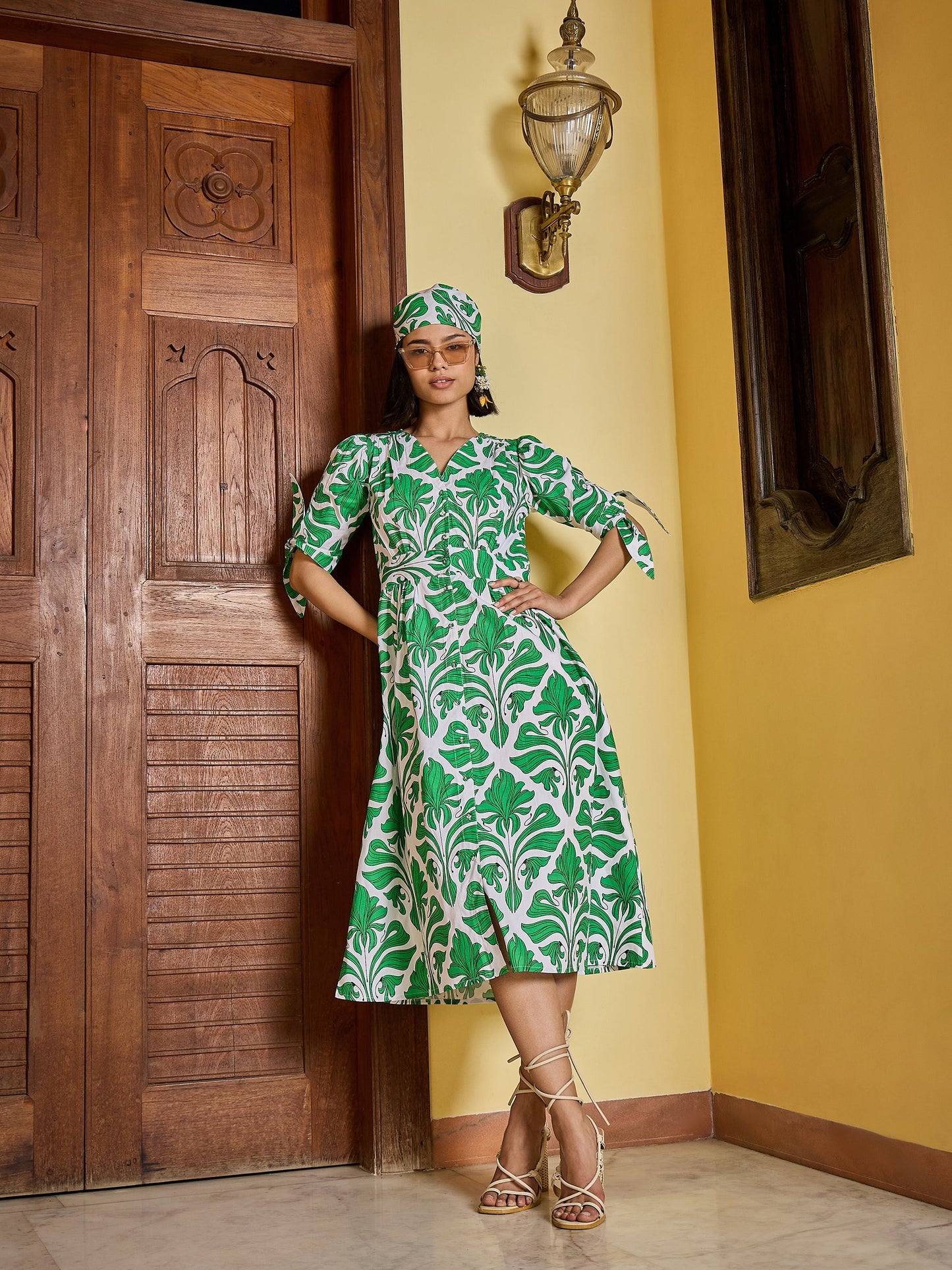 Women Green & White Front Button Midi Dress