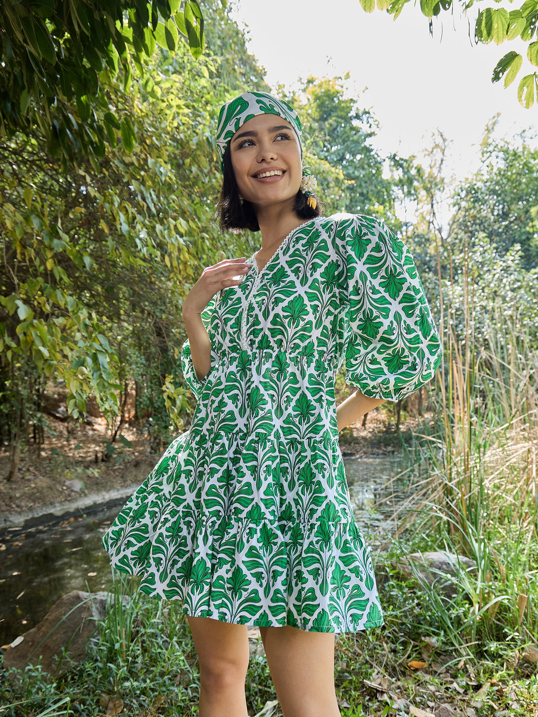Women Green &amp; White Floral V Neck Short Gathered Dress