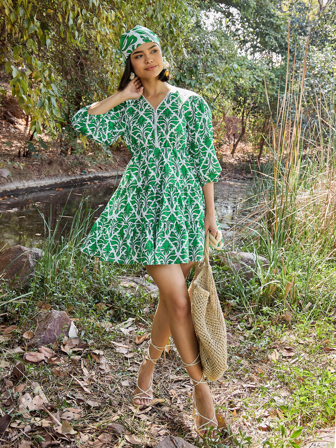 Women Green &amp; White Floral V Neck Short Gathered Dress