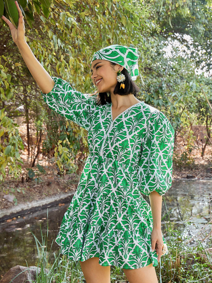 Women Green &amp; White Floral V Neck Short Gathered Dress