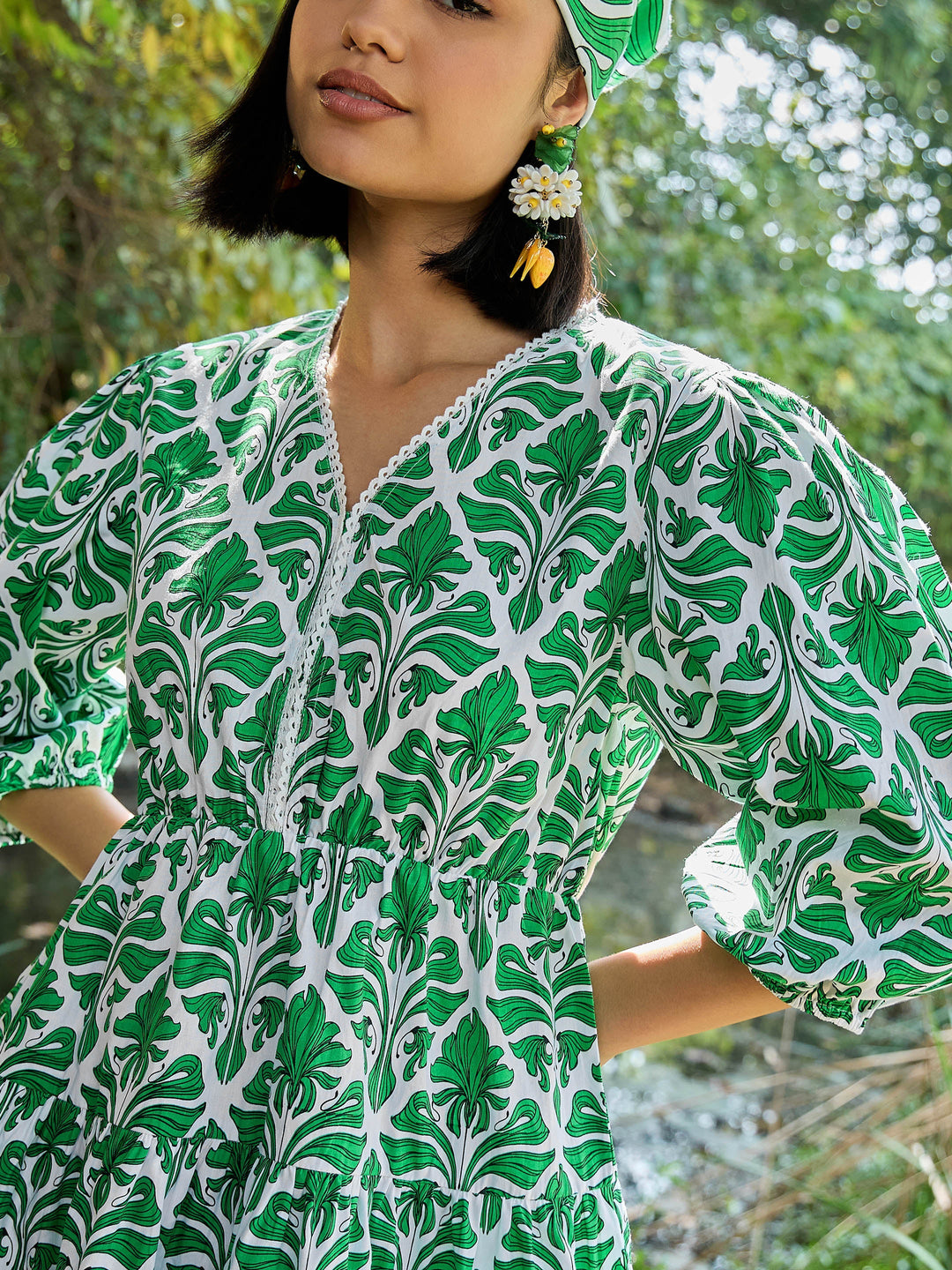 Women Green &amp; White Floral V Neck Short Gathered Dress