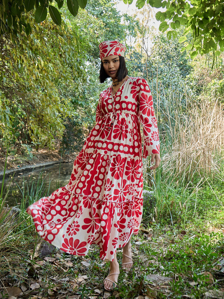 Women Beige &amp; Red Floral V Neck Waist Tie Knot Midi Dress