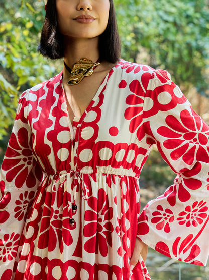 Women Beige & Red Floral V Neck Waist Tie Knot Midi Dress