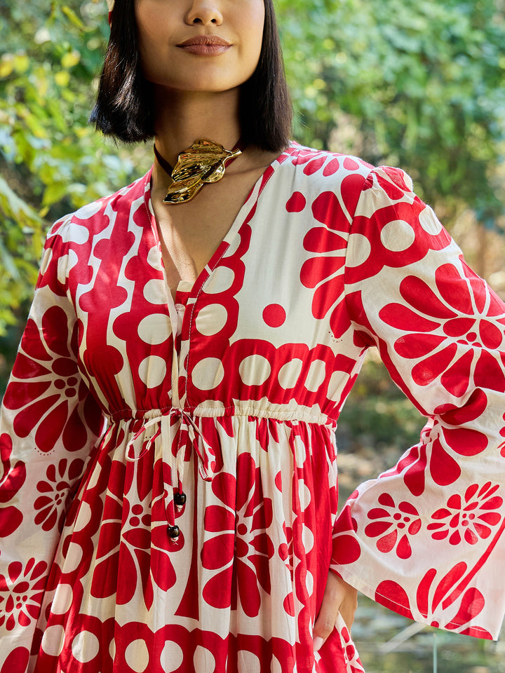 Women Beige &amp; Red Floral V Neck Waist Tie Knot Midi Dress