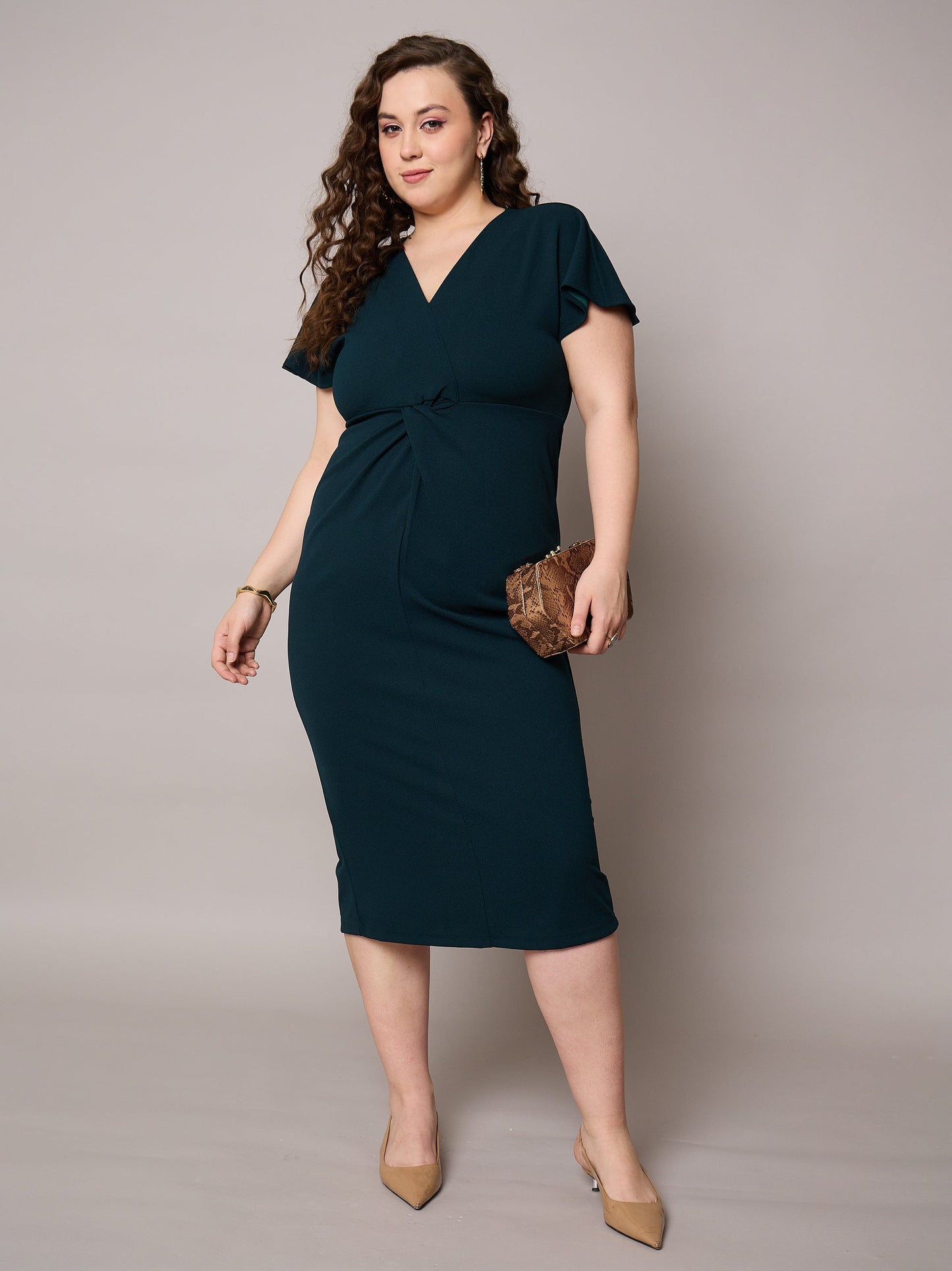 Emerald Green V Neck Short Sleeves Midi Dress