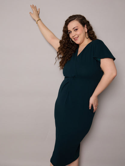 Emerald Green V Neck Short Sleeves Midi Dress