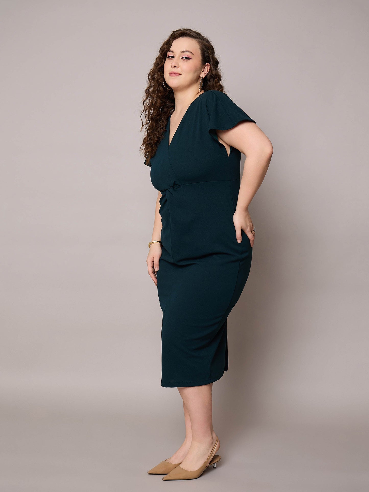 Emerald Green V Neck Short Sleeves Midi Dress