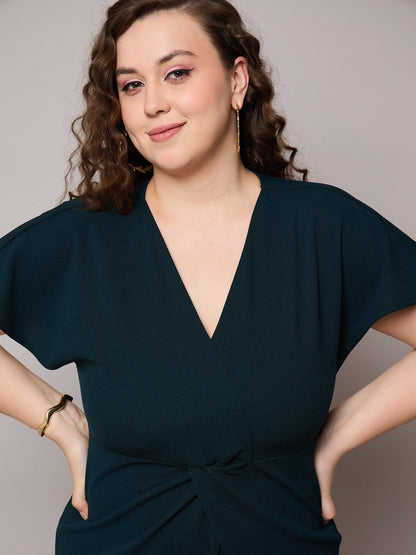 Emerald Green V Neck Short Sleeves Midi Dress