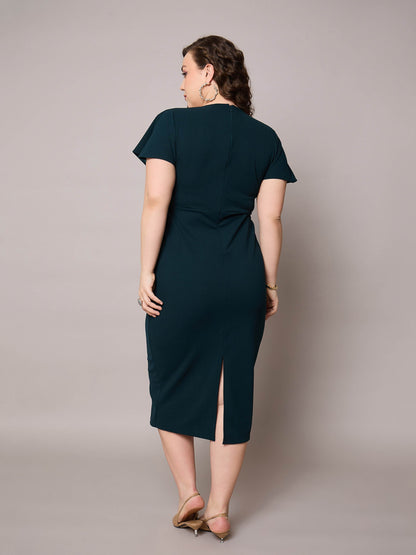 Emerald Green V Neck Short Sleeves Midi Dress