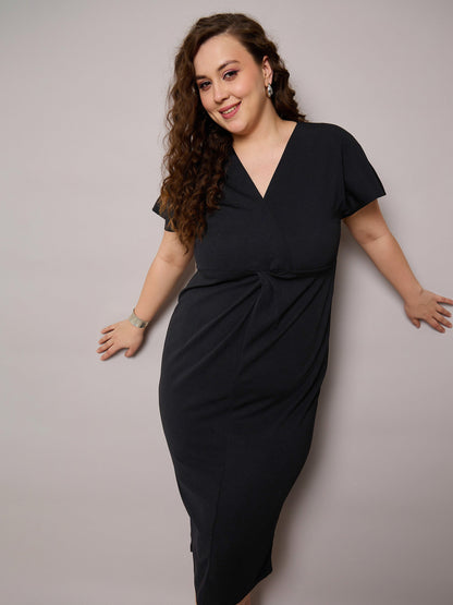 Black V Neck Short Sleeves Midi Dress