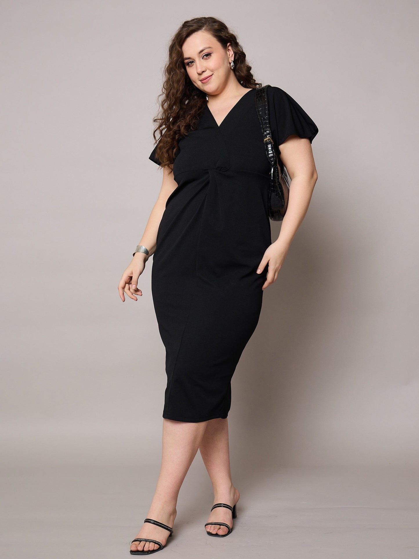 Black V Neck Short Sleeves Midi Dress