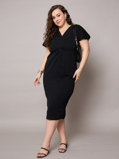 Black V Neck Short Sleeves Midi Dress