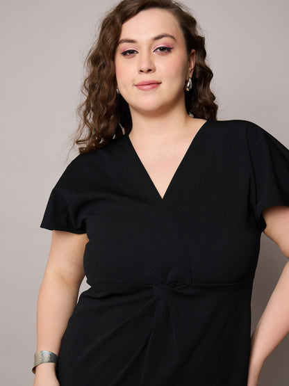 Black V Neck Short Sleeves Midi Dress