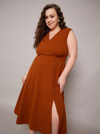 Plus size women's Rust Polyester Rust Sleeveless Side Slit Midi Dress by Sassafras Curve for wholesale buyers, boutiques, resellers and bulk orders