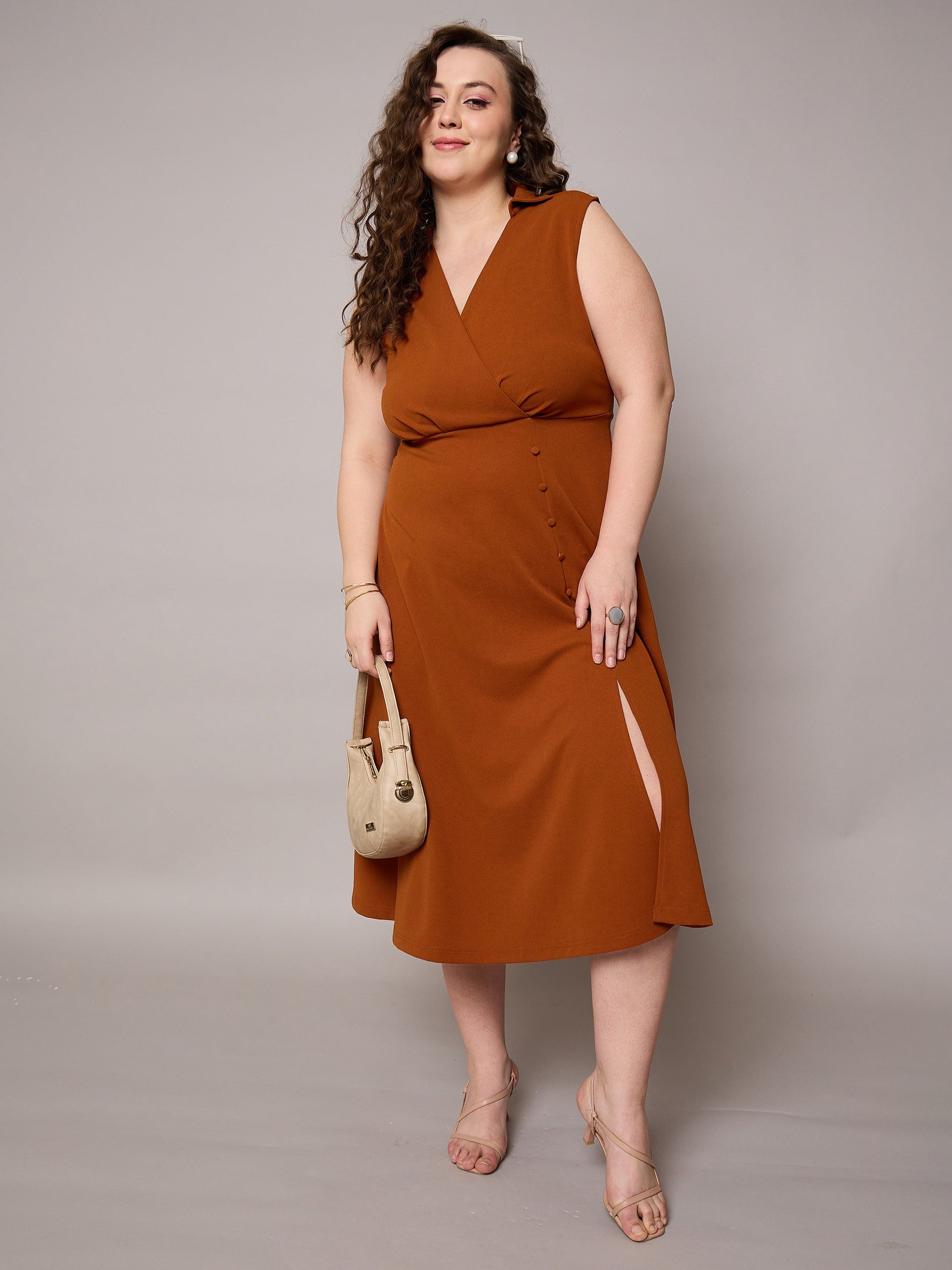 Rust Sleeveless Side Slit Midi Dress-SASSAFRAS Curve