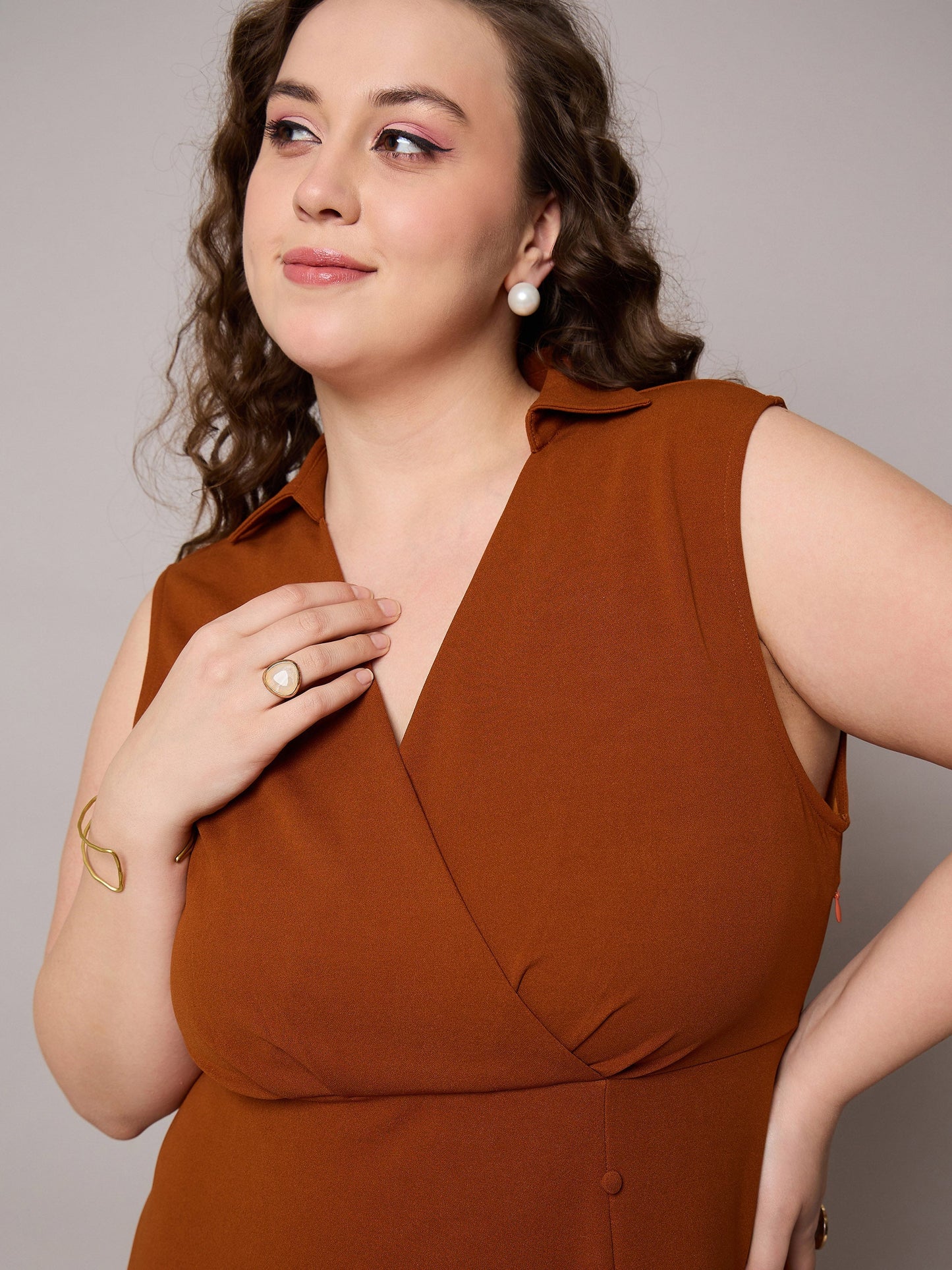 Rust Sleeveless Side Slit Midi Dress-SASSAFRAS Curve