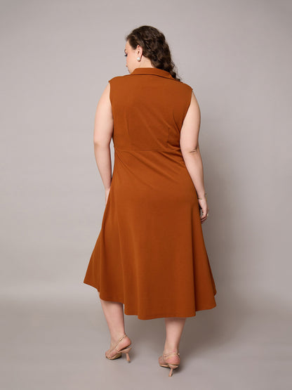Rust Sleeveless Side Slit Midi Dress-SASSAFRAS Curve