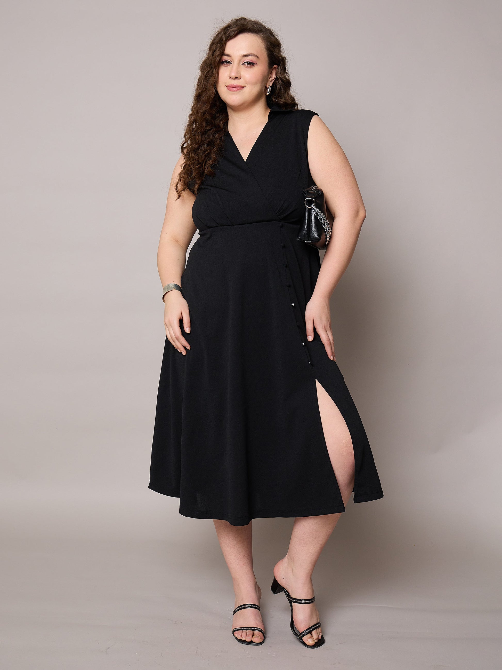 Plus size women's Black Polyester Black Sleeveless Side Slit Midi Dress by Sassafras Curve for wholesale buyers, boutiques, resellers and bulk orders