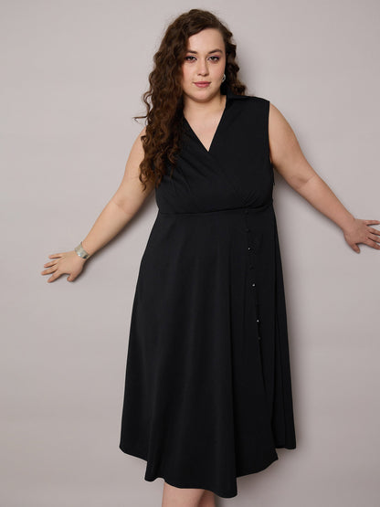 Black Sleeveless Side Slit Midi Dress-SASSAFRAS Curve