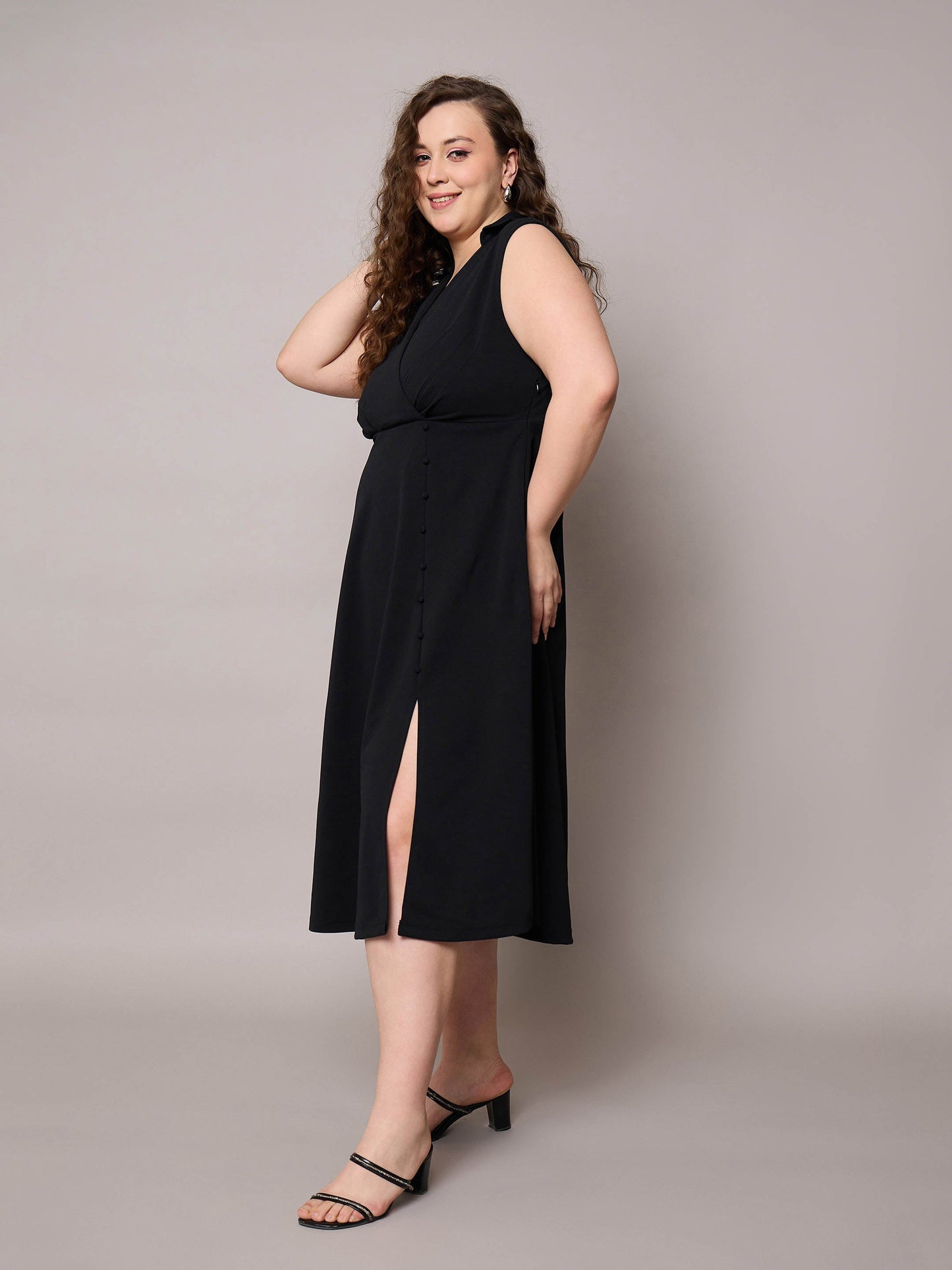 Black Sleeveless Side Slit Midi Dress-SASSAFRAS Curve