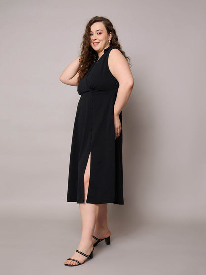 Black Sleeveless Side Slit Midi Dress-SASSAFRAS Curve