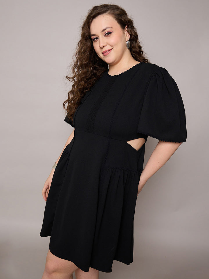 Black Side Cut Out Frill Sleeves Dress-SASSAFRAS Curve