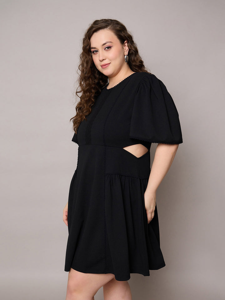 Black Side Cut Out Frill Sleeves Dress-SASSAFRAS Curve