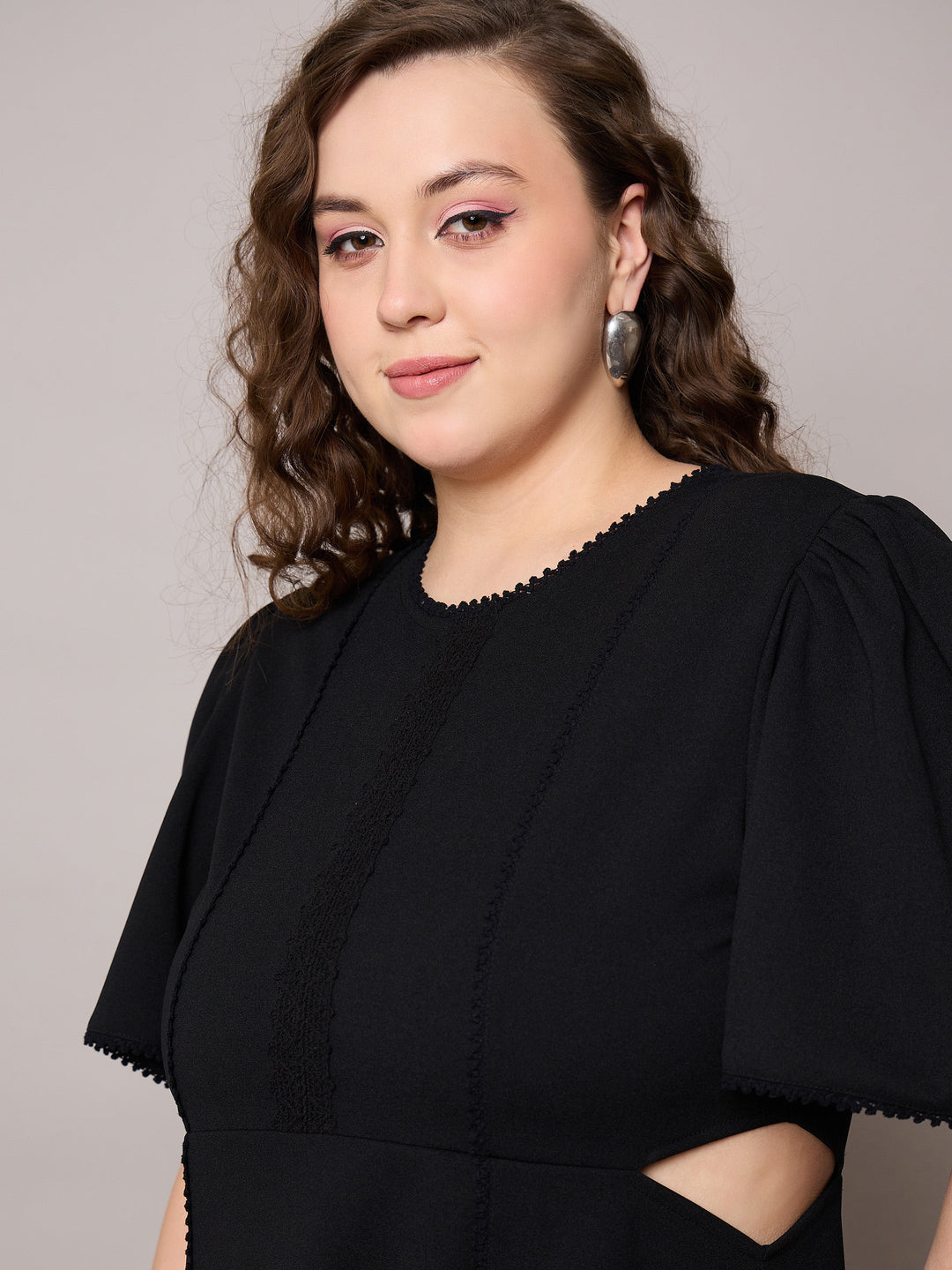 Black Side Cut Out Frill Sleeves Dress-SASSAFRAS Curve