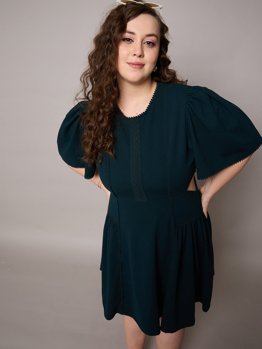 Emerald Green Side Cut Out Frill Sleeves Dress-SASSAFRAS Curve