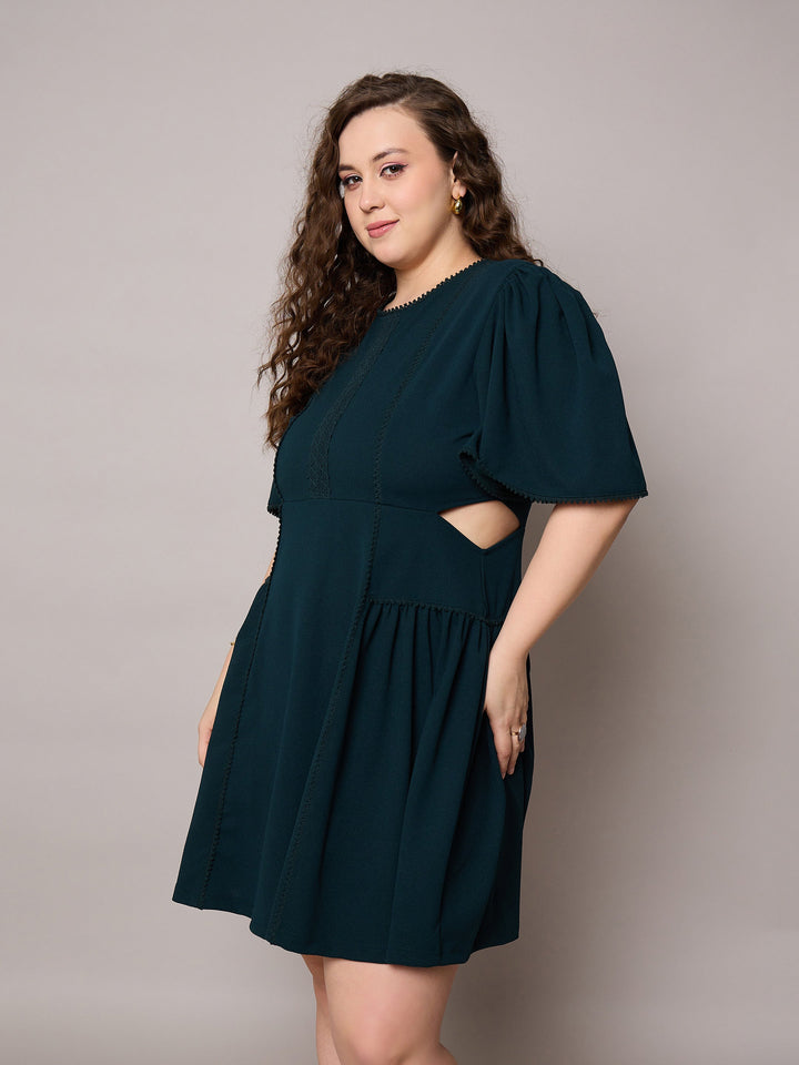 Emerald Green Side Cut Out Frill Sleeves Dress-SASSAFRAS Curve