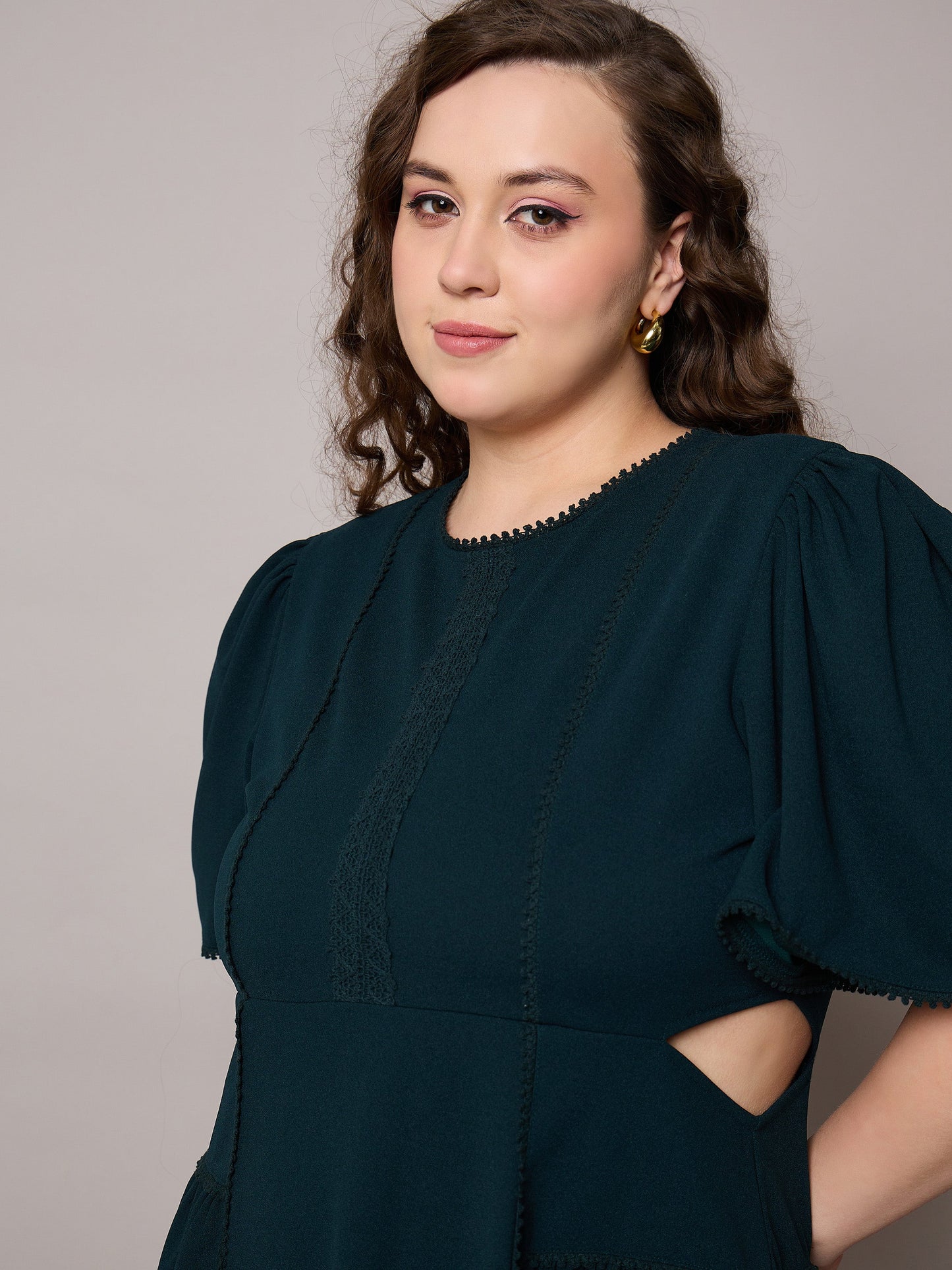 Emerald Green Side Cut Out Frill Sleeves Dress-SASSAFRAS Curve