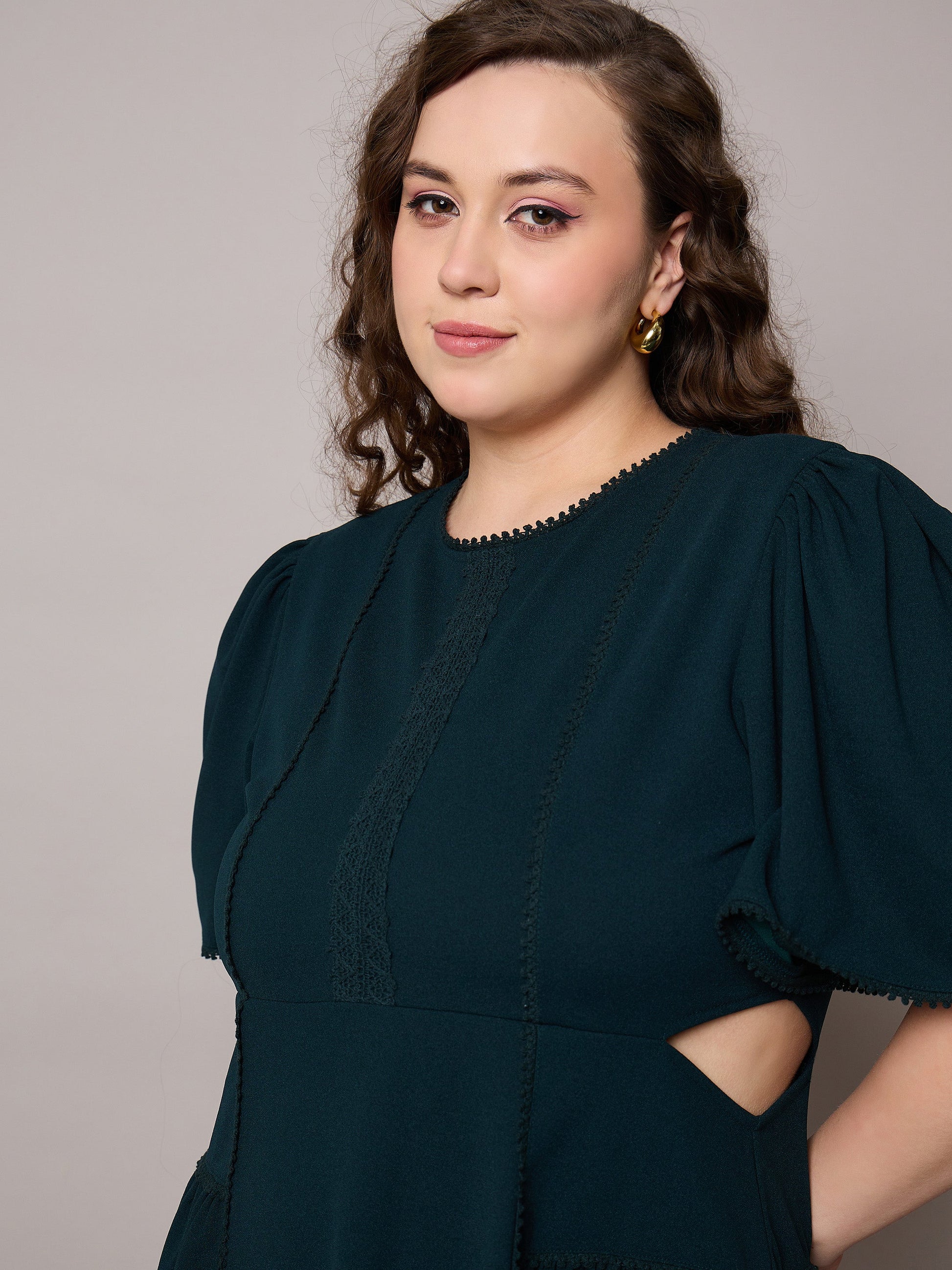 Emerald Green Side Cut Out Frill Sleeves Dress-SASSAFRAS Curve